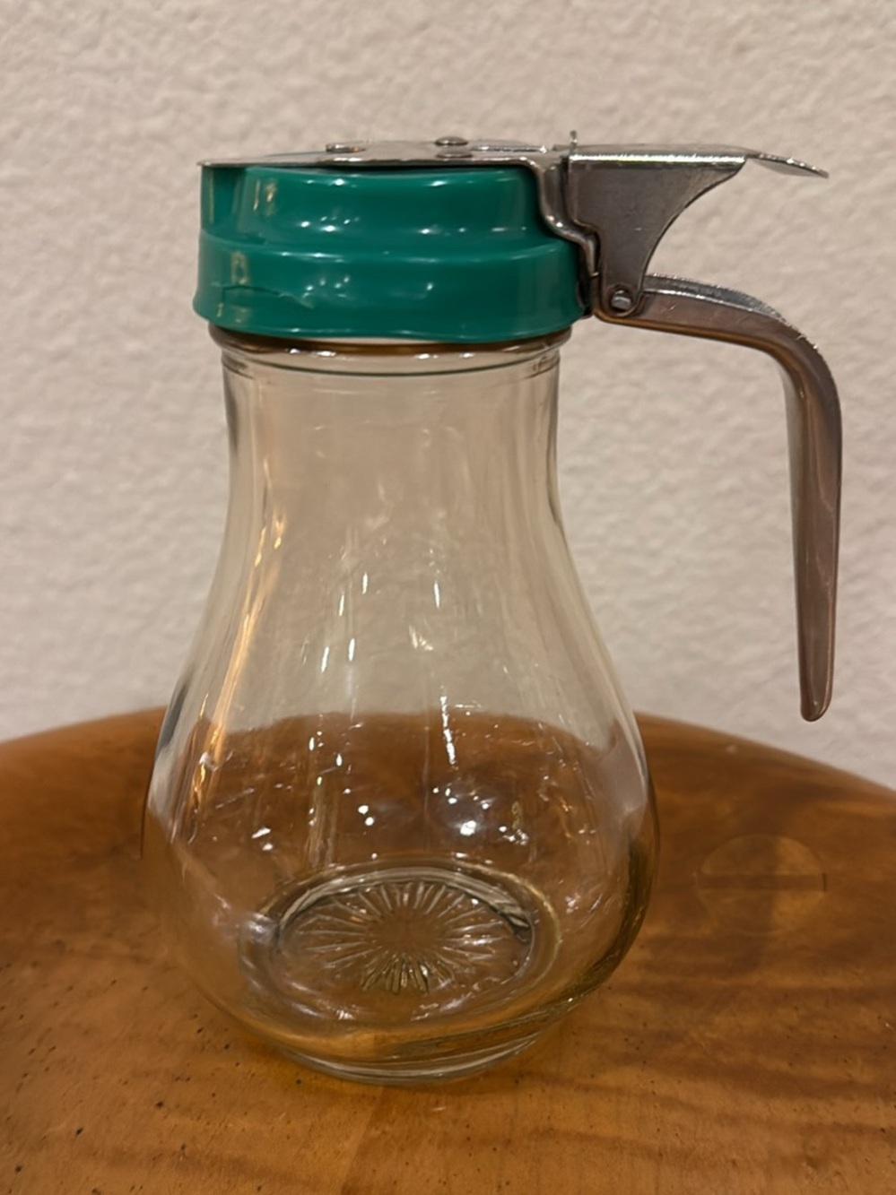 Vintage Midcentury Diner Glass Syrup Dispenser with Green Lid